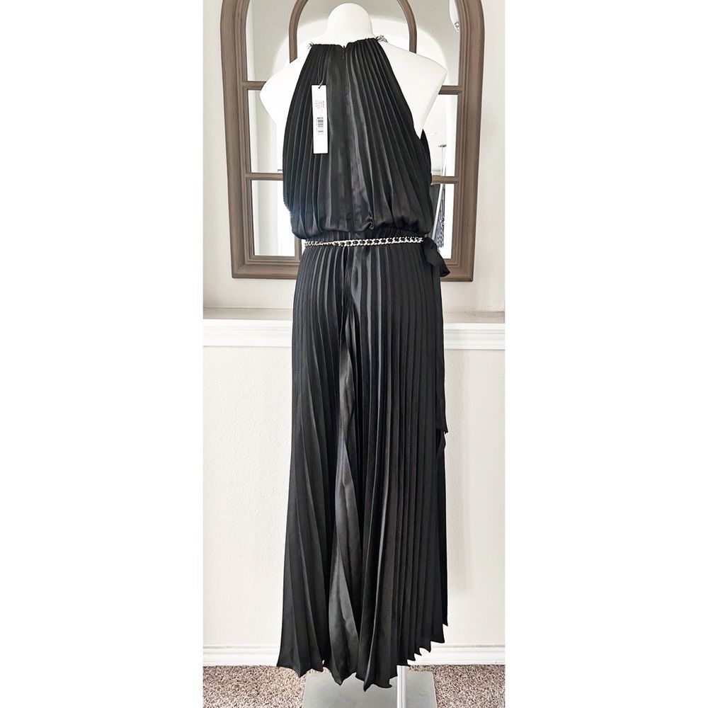 ML Monique Lhuillier Satin Chain-Link Belt Pleated Gown, Black, New, Size 8 - Picture 8 of 12